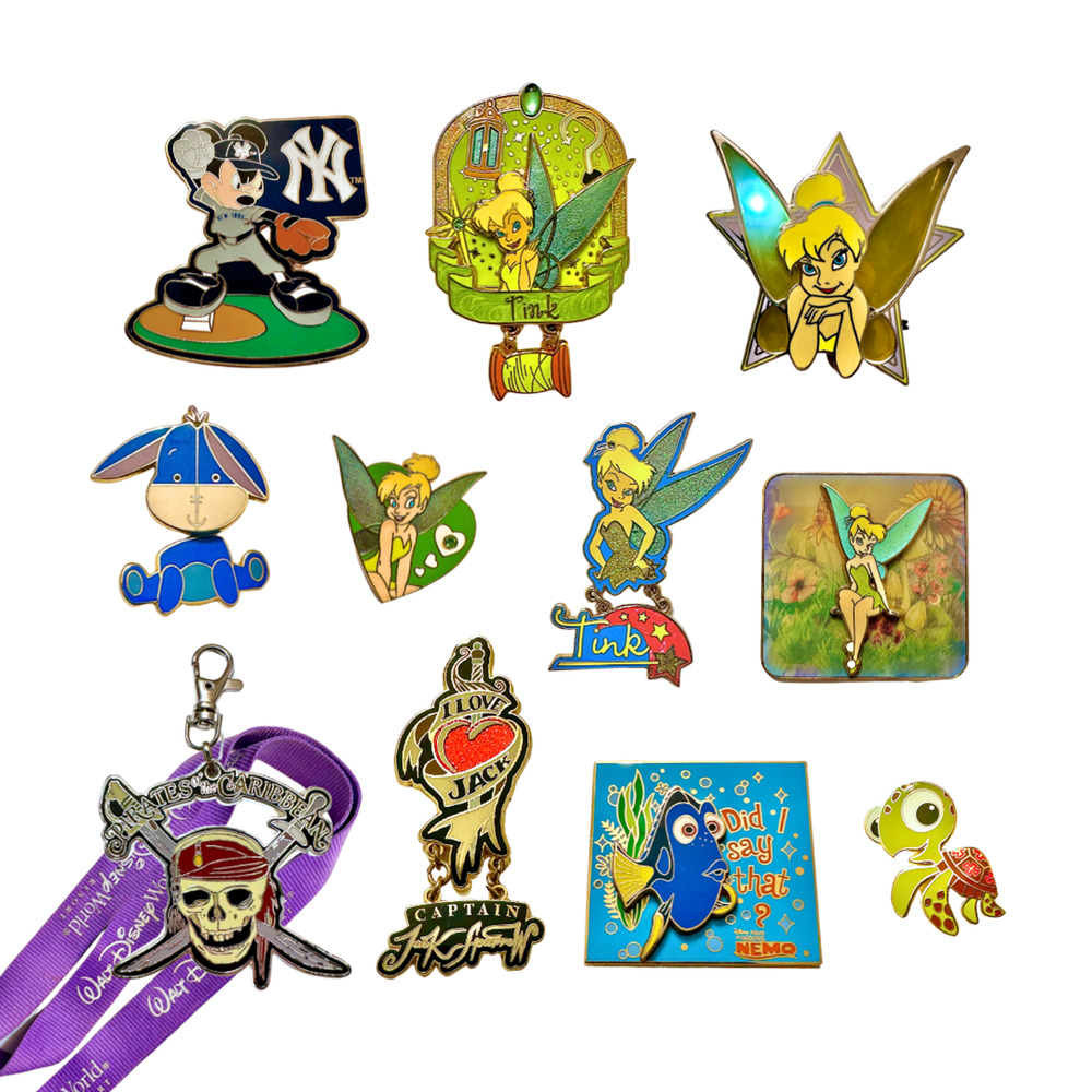 10 Disney Pins + Extras - MLB, Eeyore, 5 Tink, Squirt, Dory, POTC - ‘04 To ‘06